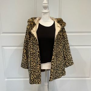 J. Crew girls leopard faux fur coat with hood.